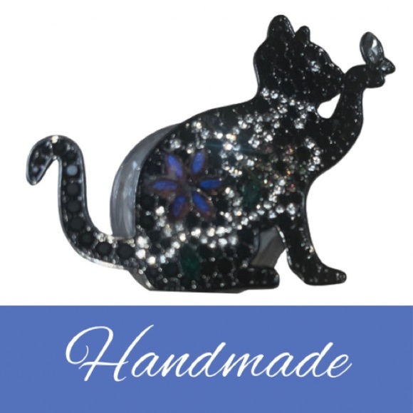Handmade Sparkly Cat Badge Reel with Rhinestones & Butterfly Charm - Picture 1 of 5